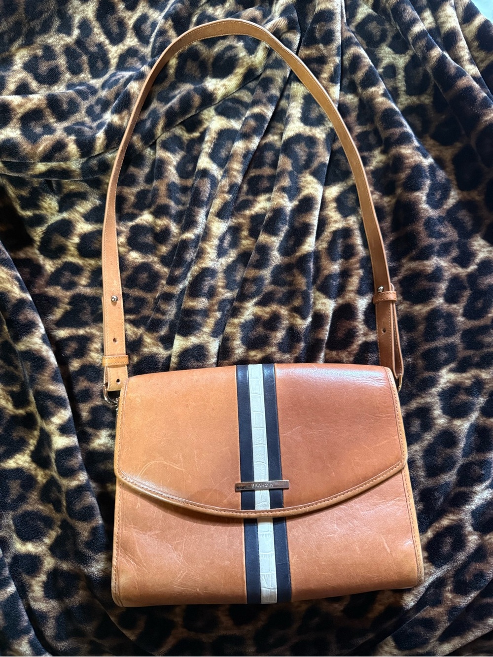 Brahmin brown Leather Shoulder Bag with Navy and Cream Stripe